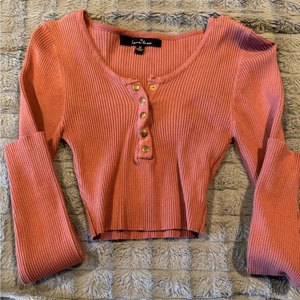 Love Tree Coral Ribbed Crop Top with Buttons